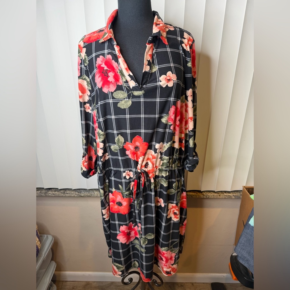 Derek Heart Hibiscus Floral Plaid Long Sleeve Cinch Waist Dress Plus Woman SZ 2X